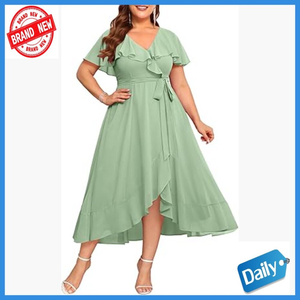 Plus Size Chiffon High Low Ruffle Maxi Dress for Wedding Guest Formal